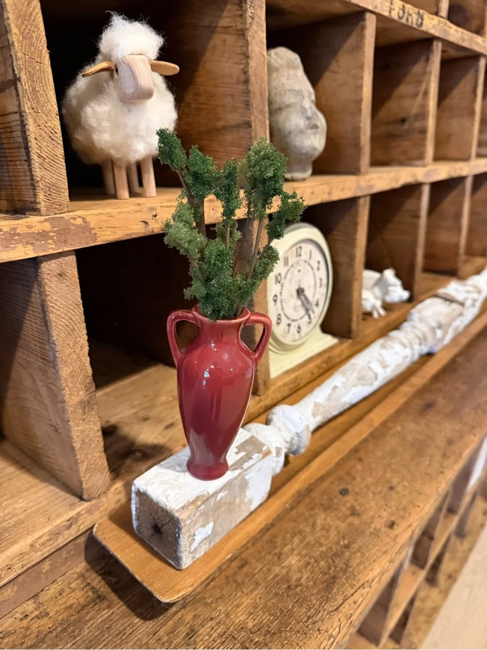 Vintage Ceramic Two-Handle Vase in Deep Rose with Faux Greenery Branches